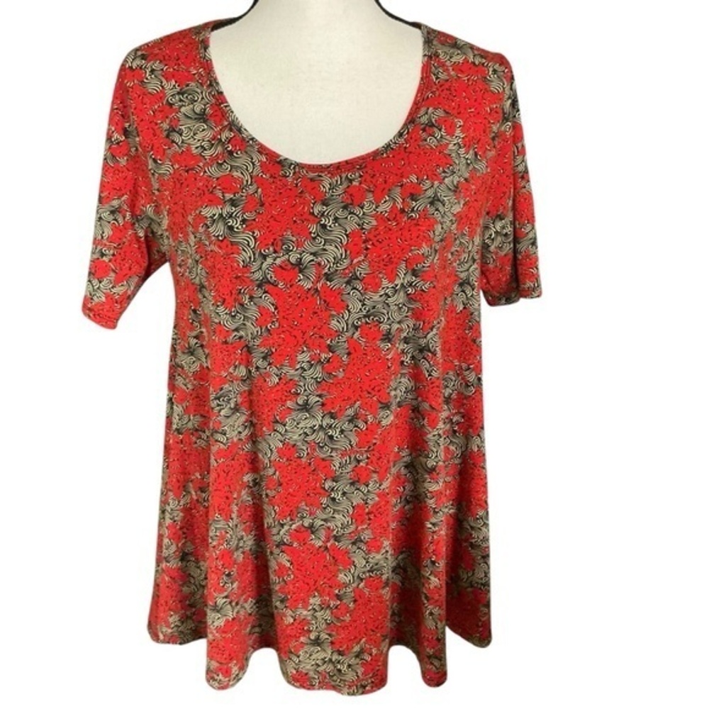 LuLaRoe‎ Perfect Tee Shirt Red Black Tan Floral Print Short Sleeve Oversized Top